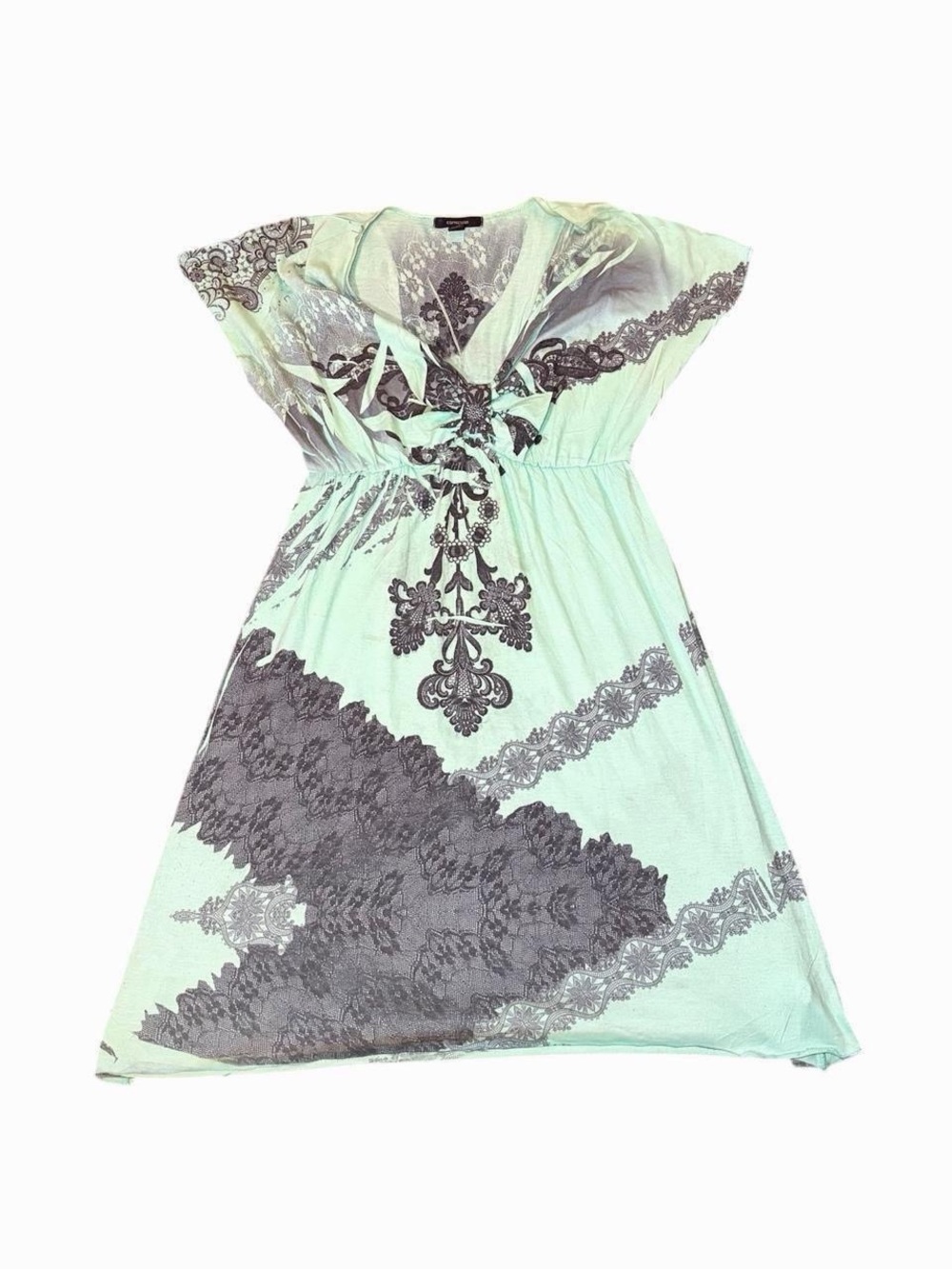 Vintage Y2K Espresso mint green lace print boho dress v-neck cap sleeve size M